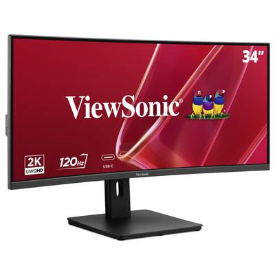 ViewSonic 34-Zoll-Curved-Monitor auf Ständer mit 2K UWQHD, 120 Hz und USB-C-Funktionen auf rotem Bildschirm mit ViewSonic-Logo und Vögeln.