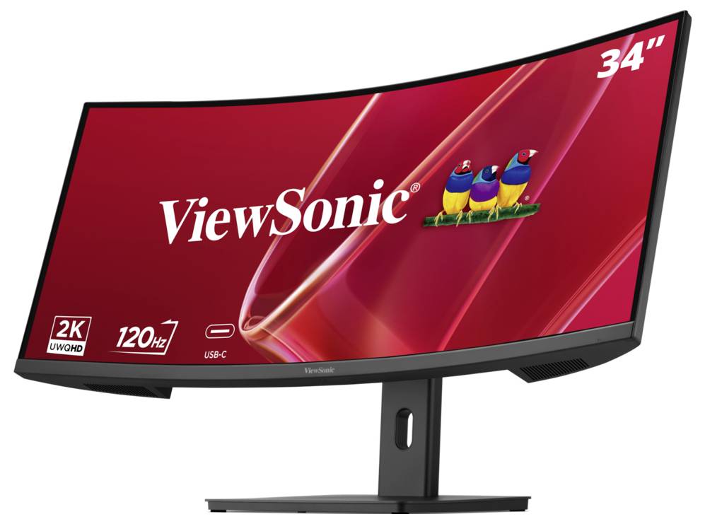 Gebogener ViewSonic 34-Zoll-Monitor auf einem Ständer, zeigt 2K UWQHD, 120 Hz und USB-C-Funktionen auf einem roten Display.