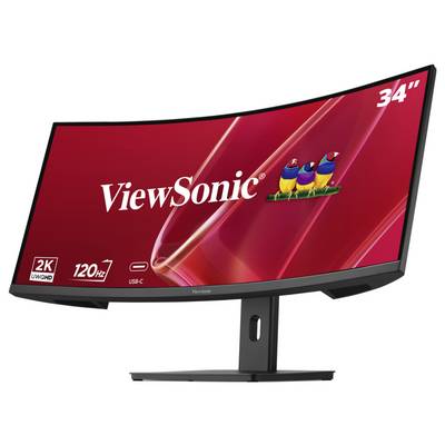 Gebogener ViewSonic 34-Zoll-Monitor auf einem Ständer, zeigt 2K UWQHD, 120 Hz und USB-C-Funktionen auf einem roten Display.