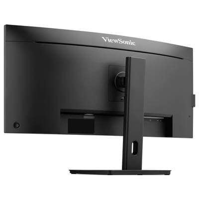 Rückansicht eines gebogenen ViewSonic-Monitors auf einem Ständer, der die hintere Halterung und die Kabelöffnung zeigt.