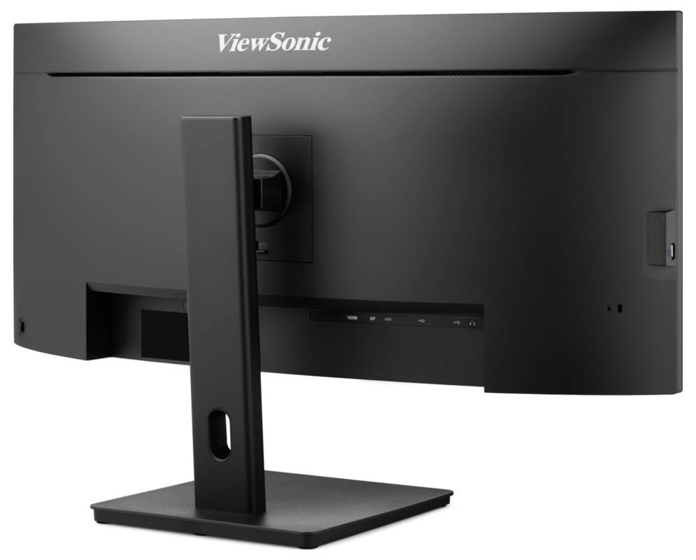 Rückansicht eines schwarzen ViewSonic-Computermonitors auf einem rechteckigen Ständer.