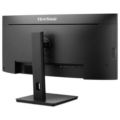 Rückansicht eines schwarzen ViewSonic-Computermonitors auf einem rechteckigen Ständer.