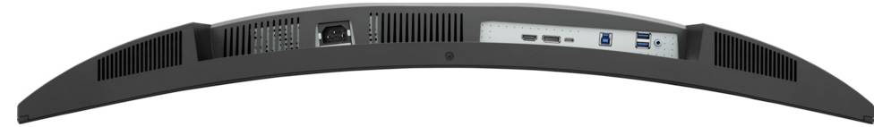 Rückansicht eines gebogenen schwarzen Monitors oder Fernsehers mit Belüftungsschlitzen und hinteren Anschlüssen, einschließlich USB- und Displayverbindungen.