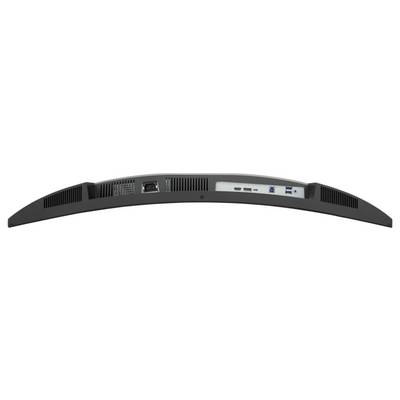 Rückansicht eines gebogenen schwarzen Monitors oder Fernsehers mit Belüftungsschlitzen und hinteren Anschlüssen, einschließlich USB- und Displayverbindungen.