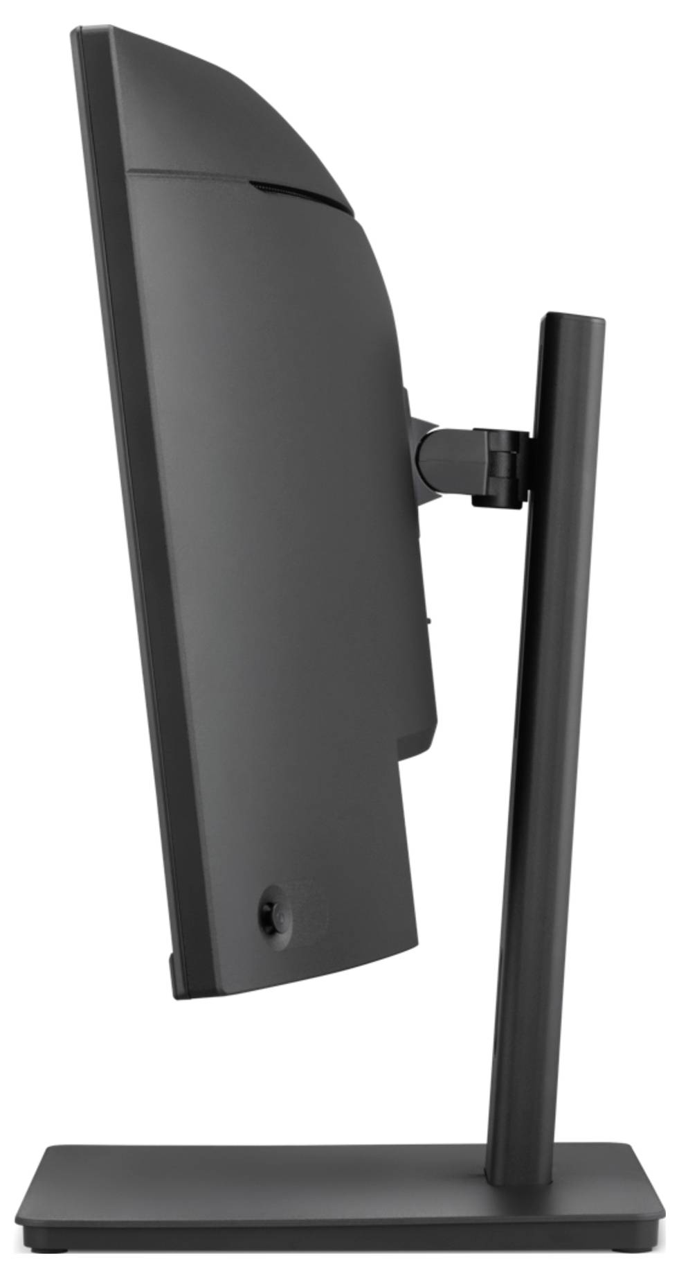 Seitenansicht eines schwarzen Computermonitors auf einem Ständer mit rechteckiger Basis, gezeigt vor weißem Hintergrund.