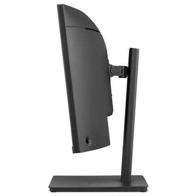 Seitenansicht eines schwarzen Computermonitors auf einem Ständer mit rechteckiger Basis, gezeigt vor weißem Hintergrund.