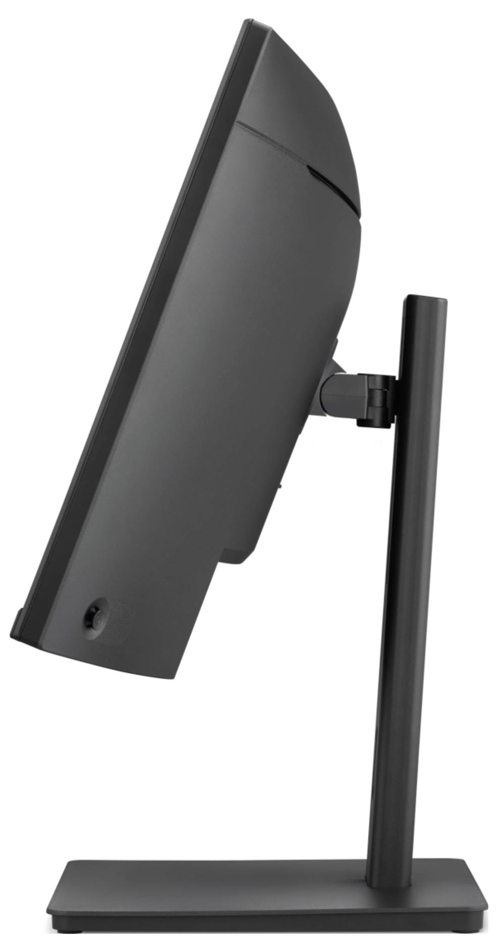Seitenansicht eines schwarzen Computermonitors auf einem Ständer, nach hinten geneigt auf einer rechteckigen Basis.