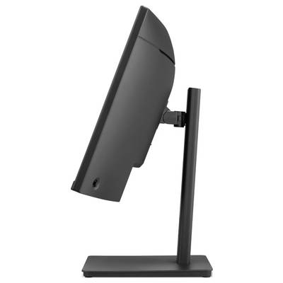 Seitenansicht eines schwarzen Computermonitors auf einem Ständer, nach hinten geneigt auf einer rechteckigen Basis.