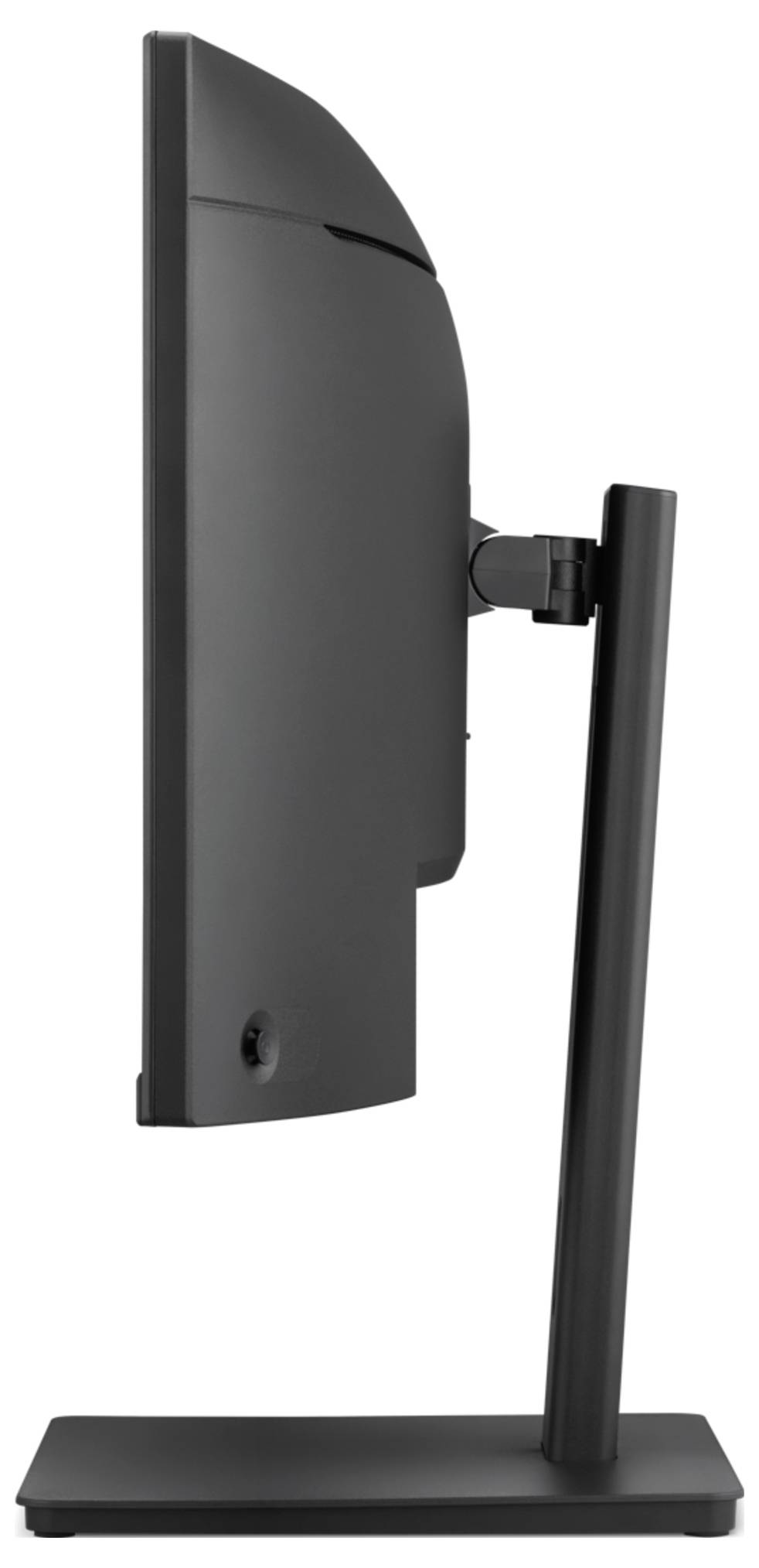 Seitenansicht eines schwarzen Monitorständers mit rechteckiger Basis, vertikalem Pfosten und gekrümmter Displayrückseite, die die Befestigungshalterung zeigt.