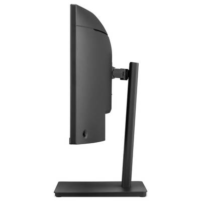 Seitenansicht eines schwarzen Monitorständers mit rechteckiger Basis, vertikalem Pfosten und gekrümmter Displayrückseite, die die Befestigungshalterung zeigt.