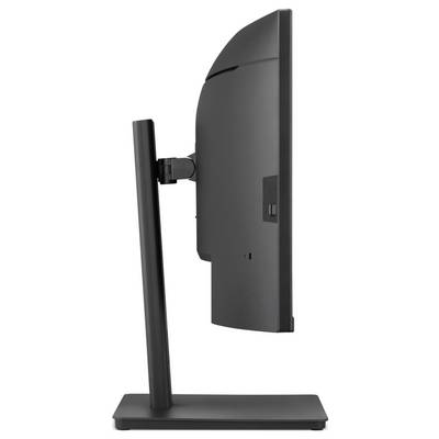 Seitenansicht eines schwarzen Computermonitors, der auf einem vertikalen Ständer mit rechteckiger Basis montiert ist.