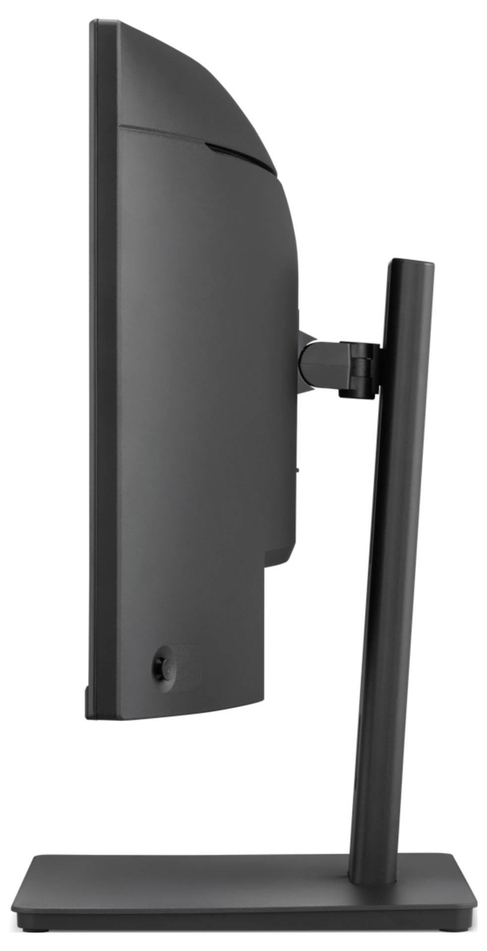 Seitenansicht eines schwarzen Computermonitors auf einem rechteckigen Ständer, der die einstellbare Rückhalterung und Basis gegen einen weißen Hintergrund zeigt.