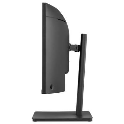 Seitenansicht eines schwarzen Computermonitors auf einem rechteckigen Ständer, der die einstellbare Rückhalterung und Basis gegen einen weißen Hintergrund zeigt.
