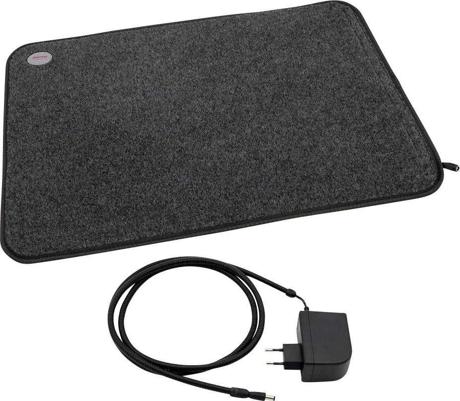 Beheizte Haustiermatte mit Stromkabel und Steckeradapter, auf weißem Hintergrund dargestellt.