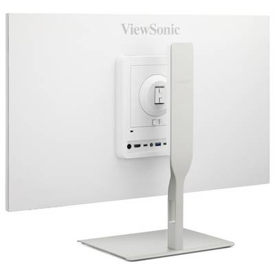 Rückansicht eines ViewSonic-Computermonitors mit Ständer, zentraler Halterung und integrierten Anschlüssen/Reglern auf der Rückseite.
