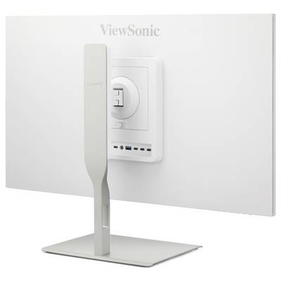 Rückansicht eines ViewSonic ColorPro-Monitors mit dem Ständer und den Anschlüssen auf einer weißen Rückseite.