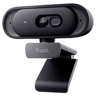 Black Trust Webcam mit integrierter Datenschutzabdeckung und blauer Anzeigelampe, gezeigt auf einer Klammer gegen einen weißen Hintergrund montiert.