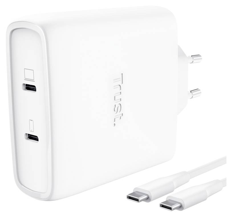 Weiße Trust-Wandladegerät mit zwei USB-C-Anschlüssen und zwei USB-C-Kabeln auf weißem Hintergrund.
