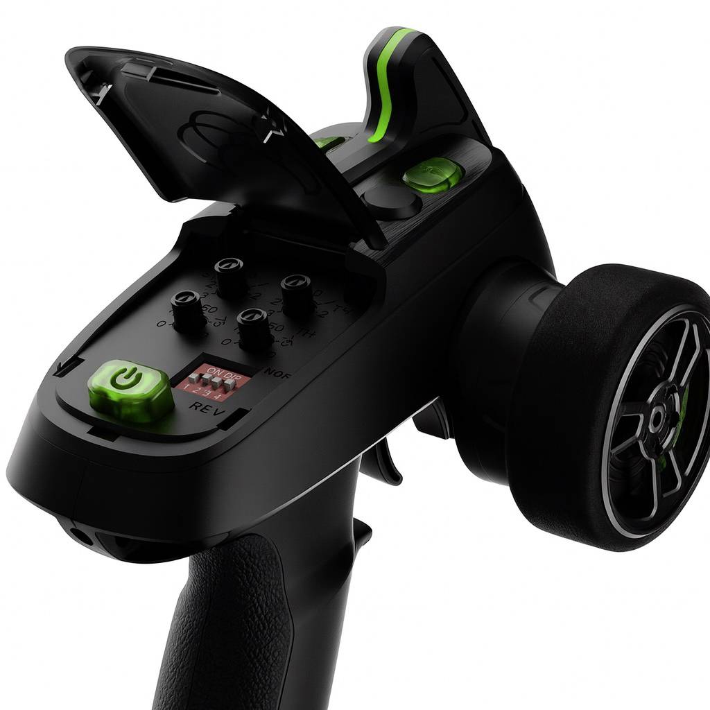 Schwarzer Fernsteuerungs-Autoregler mit neongrünen Akzenten, zwei Analog-Sticks, Stromschalter und großes Rad auf der rechten Seite auf weißem Hintergrund