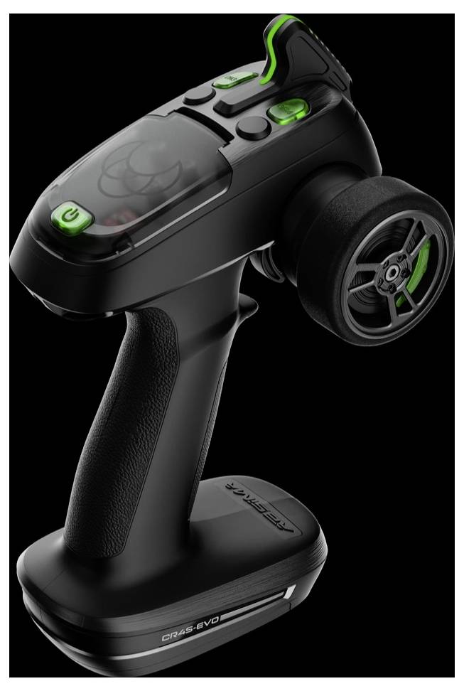 Schwarzer und grüner kabelloser Gaming-Controller mit Lenkrad, dargestellt auf einem Ständer vor schwarzem Hintergrund.