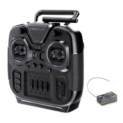 Schwarzer Casima RC-Sender mit doppeltem Steuerknüppel und Antenne, dargestellt mit kleinem Batteriepack und Kabel daneben.