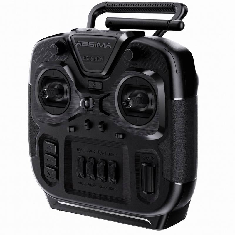 Schwarzer ABSIMA SPARROW RC-Sender mit Doppeljoysticks, Schaltern und oberen Tragegriff auf weißem Hintergrund