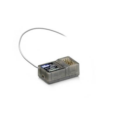 Kleines elektronisches Modul mit durchsichtigem Kunststoffgehäuse und angeschlossenem Kabel, das eine Reihe von goldenen Stiften auf der Oberseite vor weißem Hintergrund zeigt.