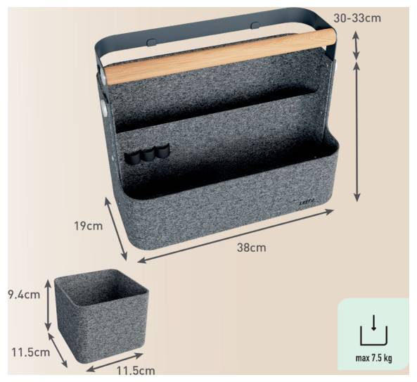 Abbildung eines grauen Filz-Autositzorganizers mit Griff und Taschenlayout, das Abmessungen von 38 cm Breite, 19 cm Tiefe, 30-33 cm Höhe zeigt, sowie eine kleinere Version mit 11,5 cm Würfel; max. 7,5 kg.