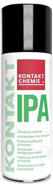 Eine Dose Kontakt Chemie IPA Universalreiniger mit schwarzem Deckel und weißem Etikett mit großem grünem IPA-Text und rotem Markenlogo.