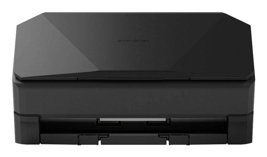 Schwarzer All-in-One-Drucker oder Scanner in Vorderansicht auf weißem Hintergrund.