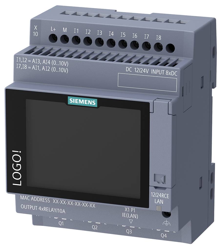 Siemens LOGO! SPS-Modul mit beschrifteten Ein- und Ausgangsklemmen, Anzeigebildschirm und LAN-Anschluss für die Industriesteuerungsautomation.