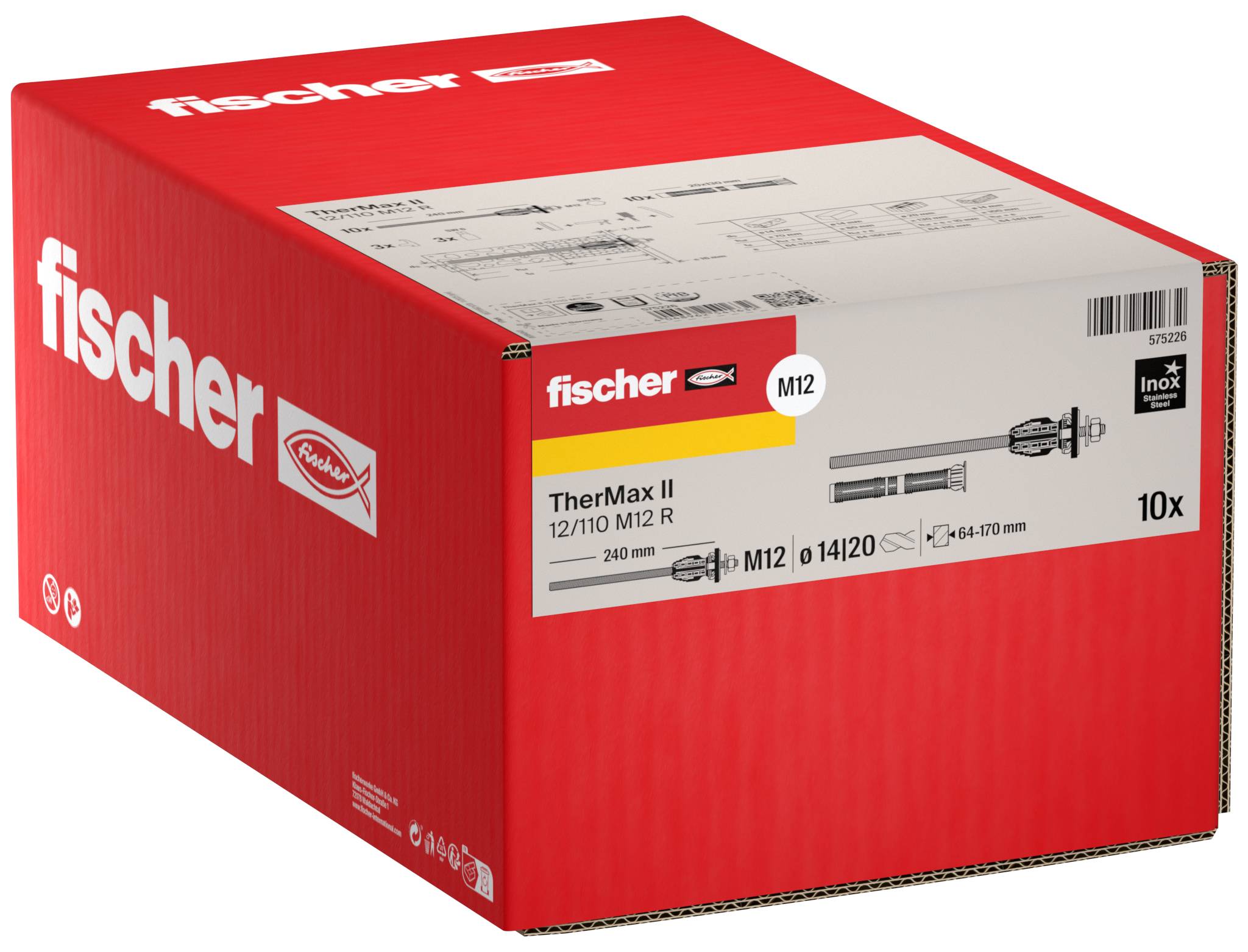 Ein rotes Fischer ThermAx II M12 Ankerbox mit der Bezeichnung 10x, das Produktspezifikationen und eine Abbildung der Befestigungshardware zeigt.