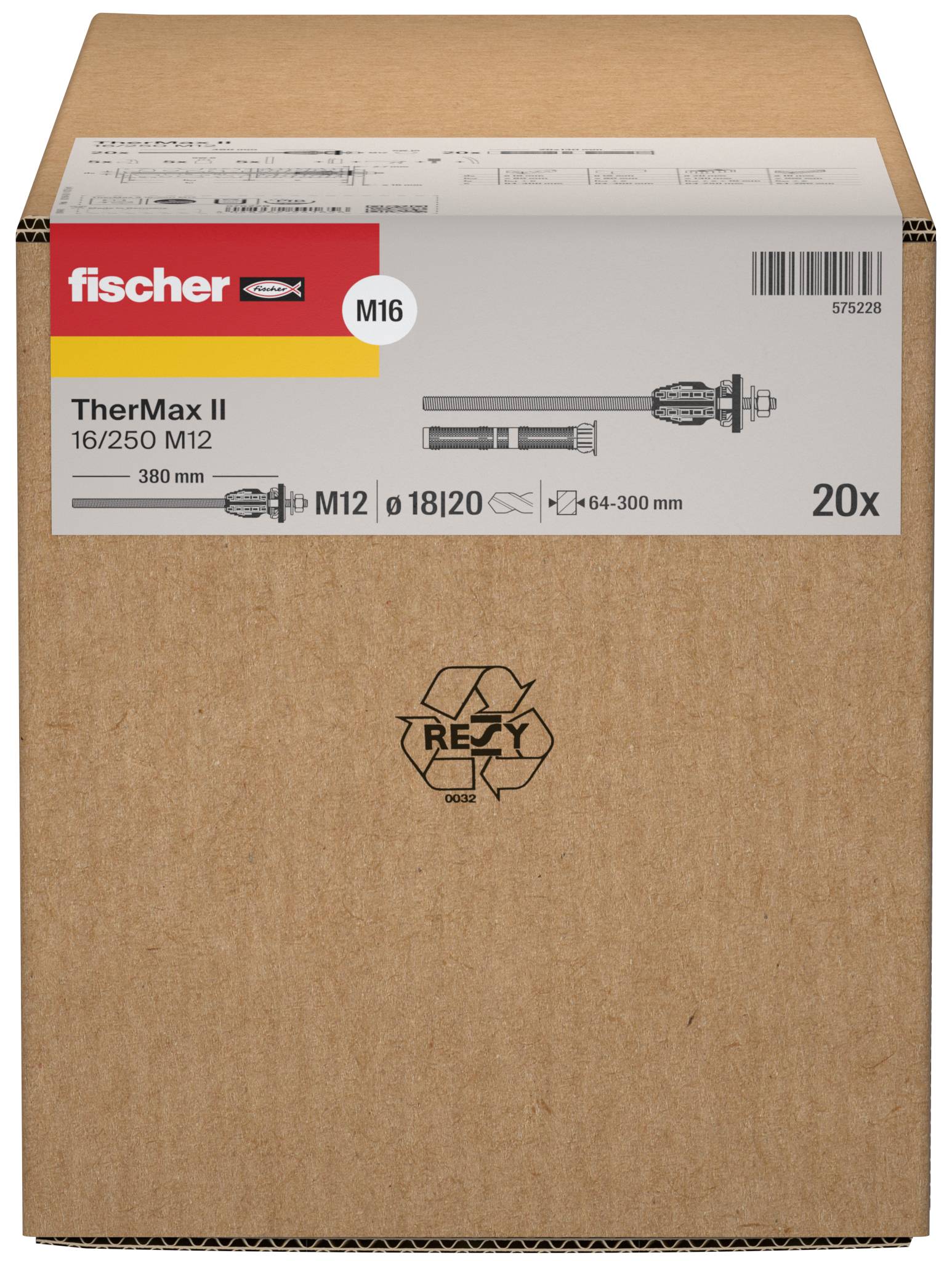 Kartonschachteln mit Fischer TherMax II M12/M16 Dübeln, gekennzeichnet mit '20x', mit Produktdiagramm und Spezifikationen auf der Vorderseite.