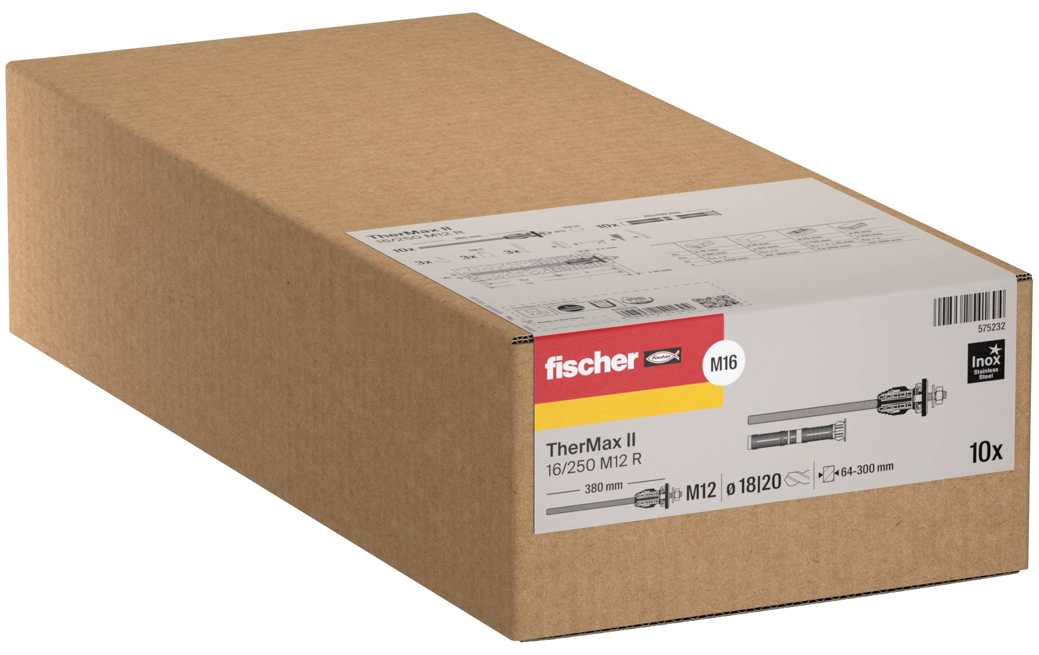 Ein Karton zum Versand mit der Aufschrift „fischer TherMax II M16", der ein 10er-Pack von Ankerfestigern zeigt.