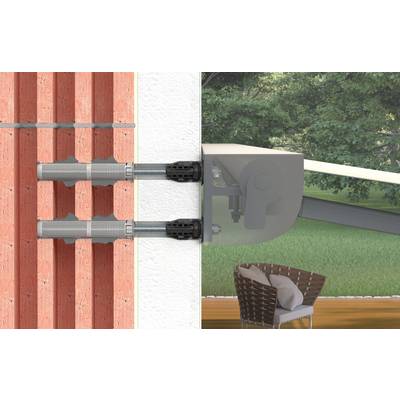 Schnittzeichnung von an der Wand montierten Hardwareverankerungen, die eine ausfahrbare Markise an einer Backsteinwand neben einem Terrassensitzbereich befestigen.