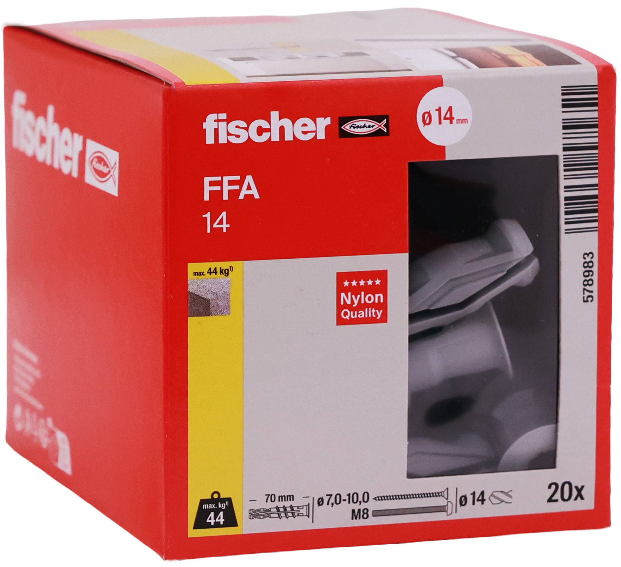 Rote Fischer FFA 14 Nylon-Dübel Box, beschriftet mit '14 mm', '70 mm' und '20x', mit Produktbildfenster auf der Vorderseite.