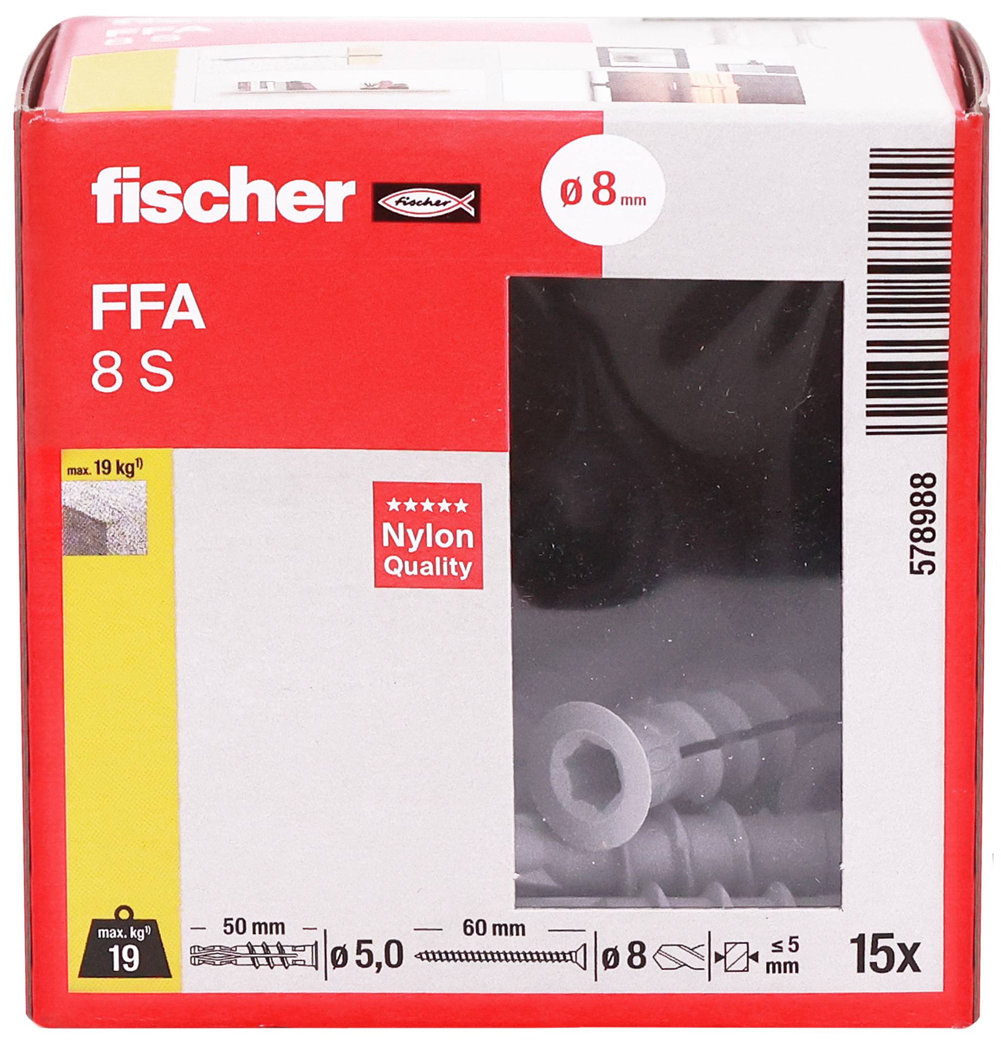Karton mit Fischer FFA 8 S Kunststoff-Dübeln, Größe Ø8 mm, 15 Stück, mit Produktfenster und angezeigten Installationsspezifikationen.