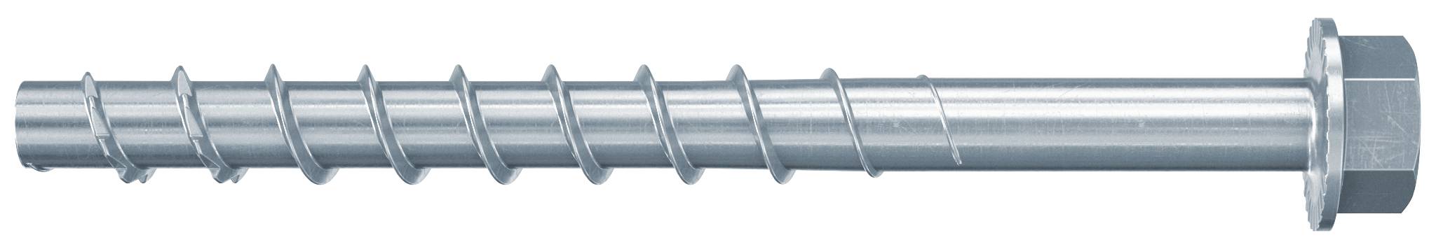 Ein Metallbolzen mit einer Sechskantmutter und einer Unterlegscheibe an einem Ende, horizontal auf weißem Hintergrund dargestellt.