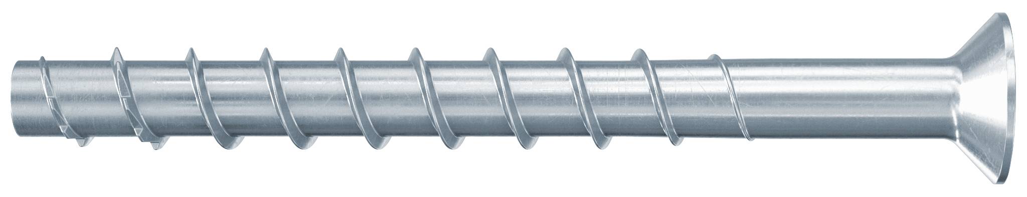 Eine Metallschraube oder ein Bohrer mit breitem Kopf und spiralförmigen Gewinden, horizontal auf weißem Hintergrund dargestellt.