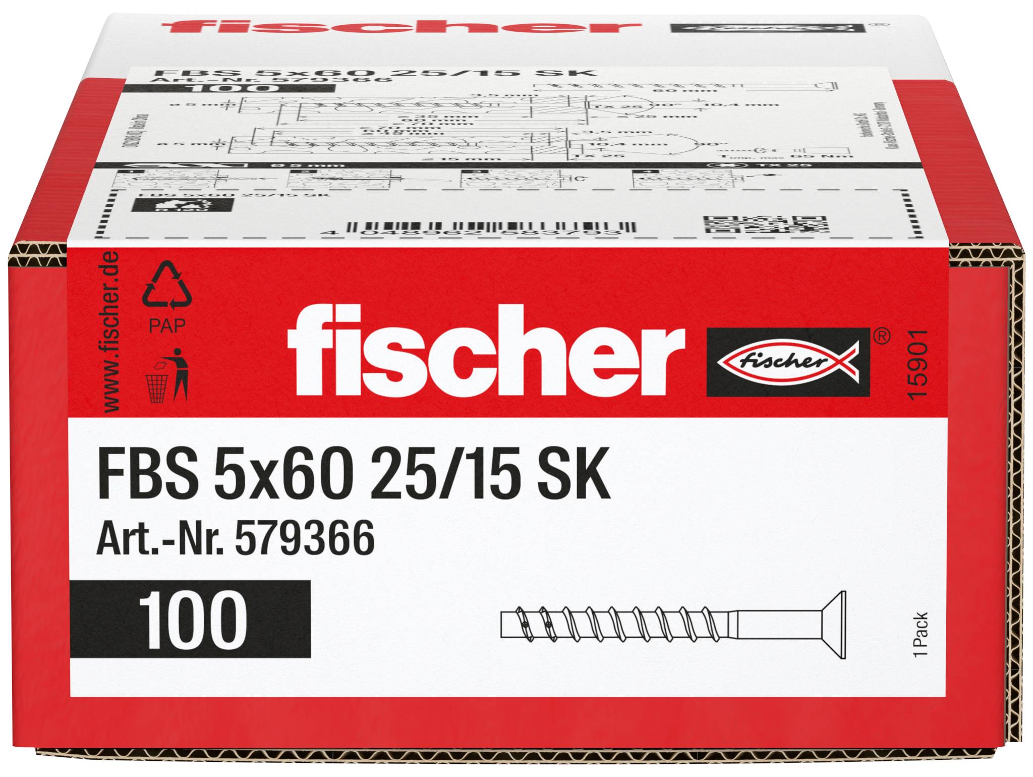 Karton mit fischer FBS 5x60 25/15 SK Schrauben, gekennzeichnet mit Art.-Nr. 579366, Packung mit 100 Stück, mit Schraubenabbildung.