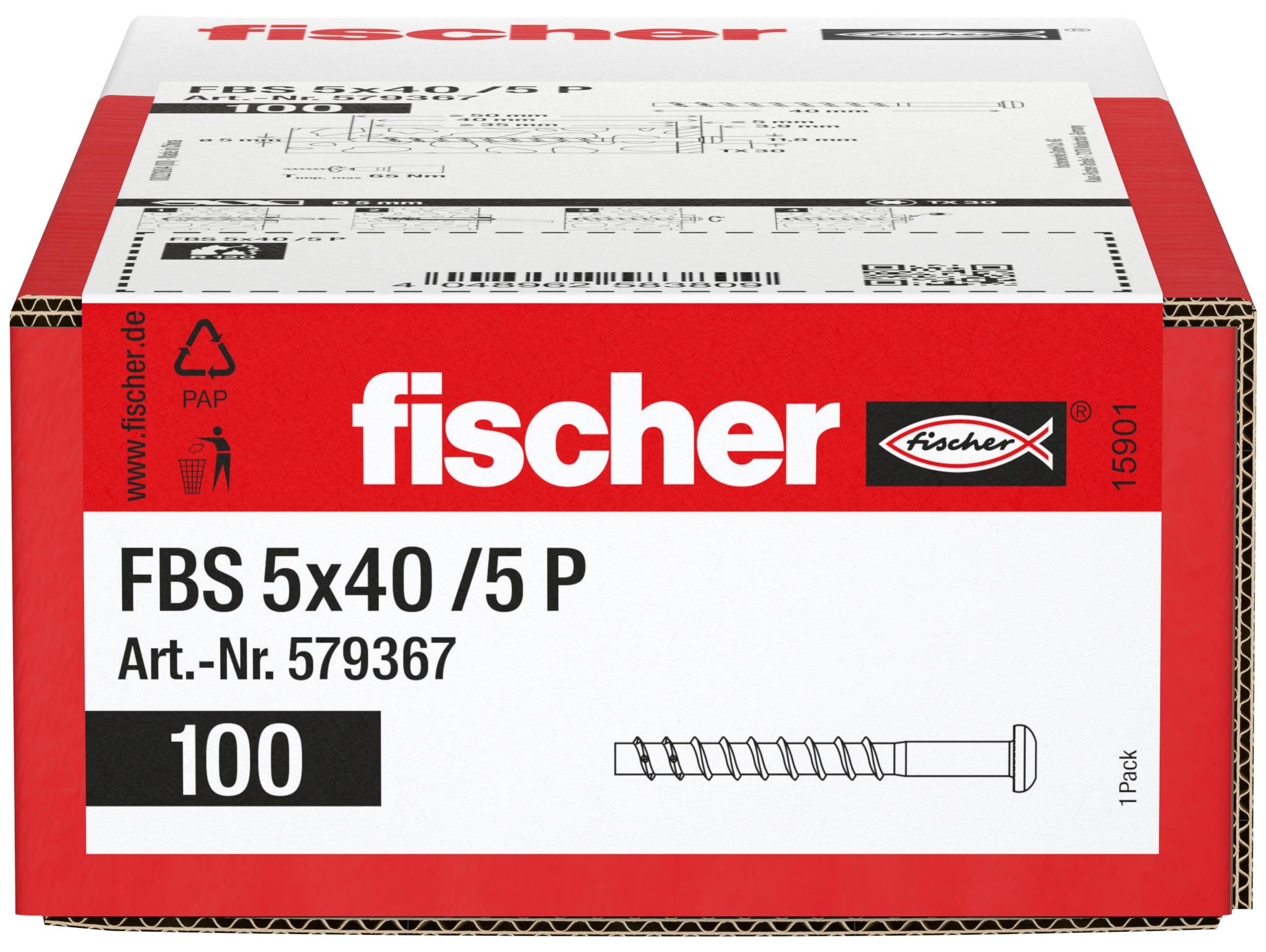 Karton mit Fischer FBS 5x40/5 P Schrauben, Art.-Nr. 579367, Packung mit 100 Stück.
