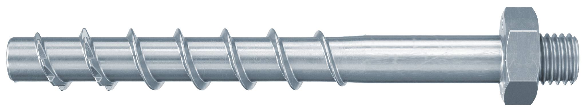 Metallische Wendel-Gewindestange mit Gewindeende und Sechskantmutter, dargestellt auf weißem Hintergrund.