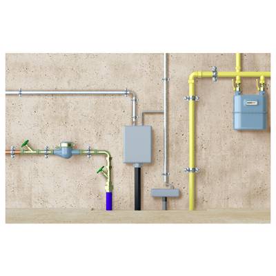 Diagramm von Gebäudeversorguungsleitungen: gelbe Gasleitung zum Zählkasten, grüne Wasserleitung mit Ventil und grauer Elektroschutzrohr an einer Wand.