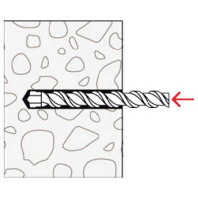 Illustration eines Gewindeankers, der in eine Betonwand eingesetzt ist, mit einem roten Pfeil, der auf das hervorstehende Ende zeigt.