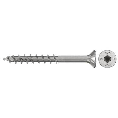 Eine Metallschraube mit spitzer Spitze, groben Gewinden und versenktem Kopf, in Seiten- und Draufsicht dargestellt.
