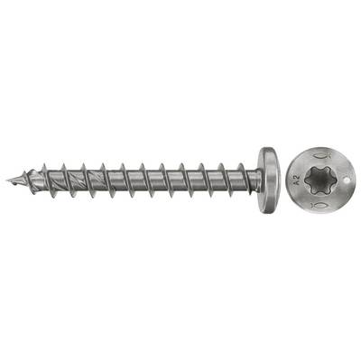Metallschraube mit Unterlegscheibenkopf und Torx-ähnlichem Antrieb, in Seitenansicht gezeigt, mit Nahaufnahme des Schraubenkopfdetails.