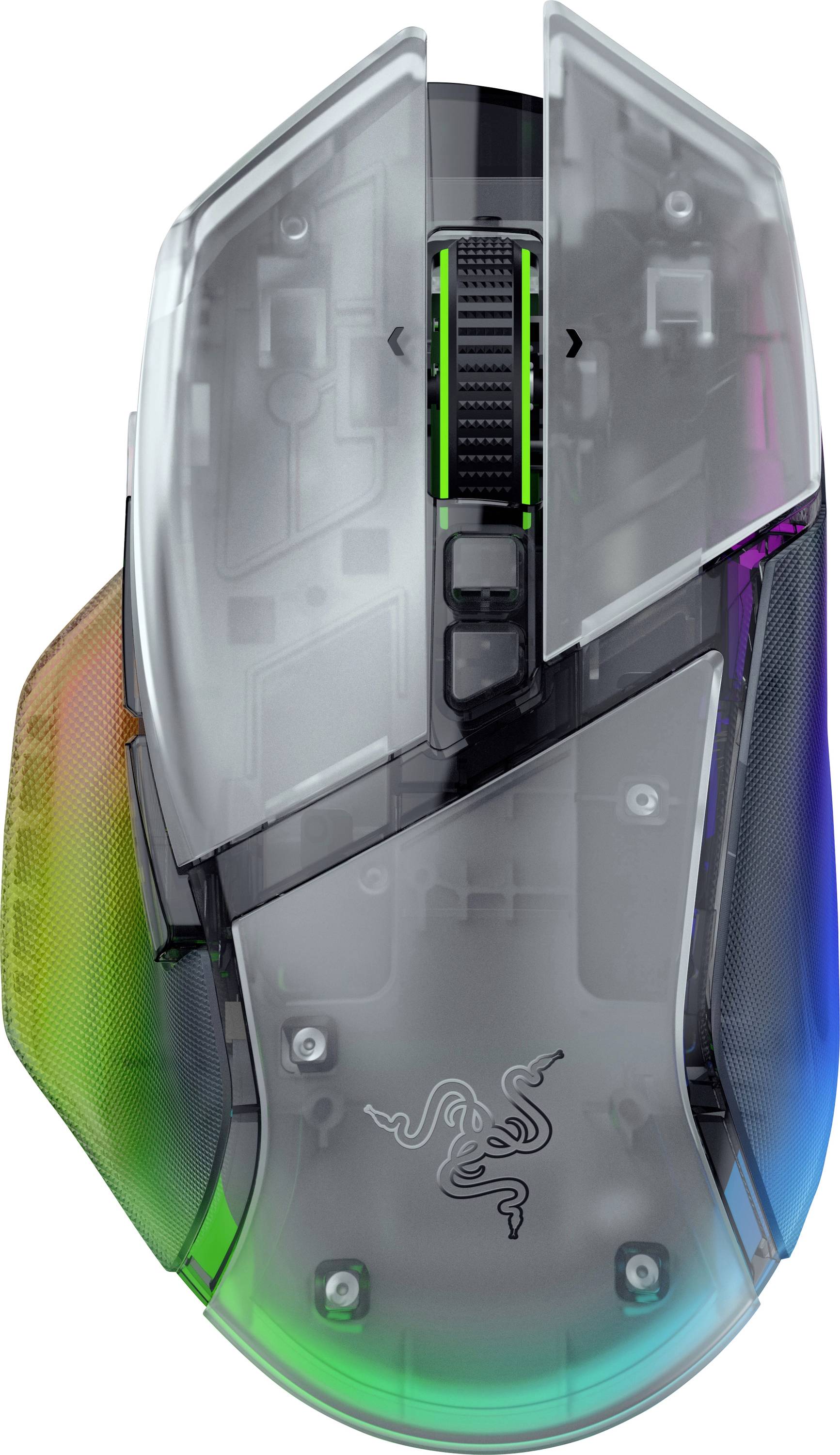 Transparentes Gaming-Maus mit RGB-beleuchteten Seitenpaneelen und zentralem Scrollrad, von oben auf weißem Hintergrund gezeigt.