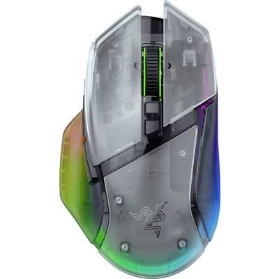 Transparentes Gaming-Maus mit RGB-beleuchteten Seitenpaneelen und zentralem Scrollrad, von oben auf weißem Hintergrund gezeigt.