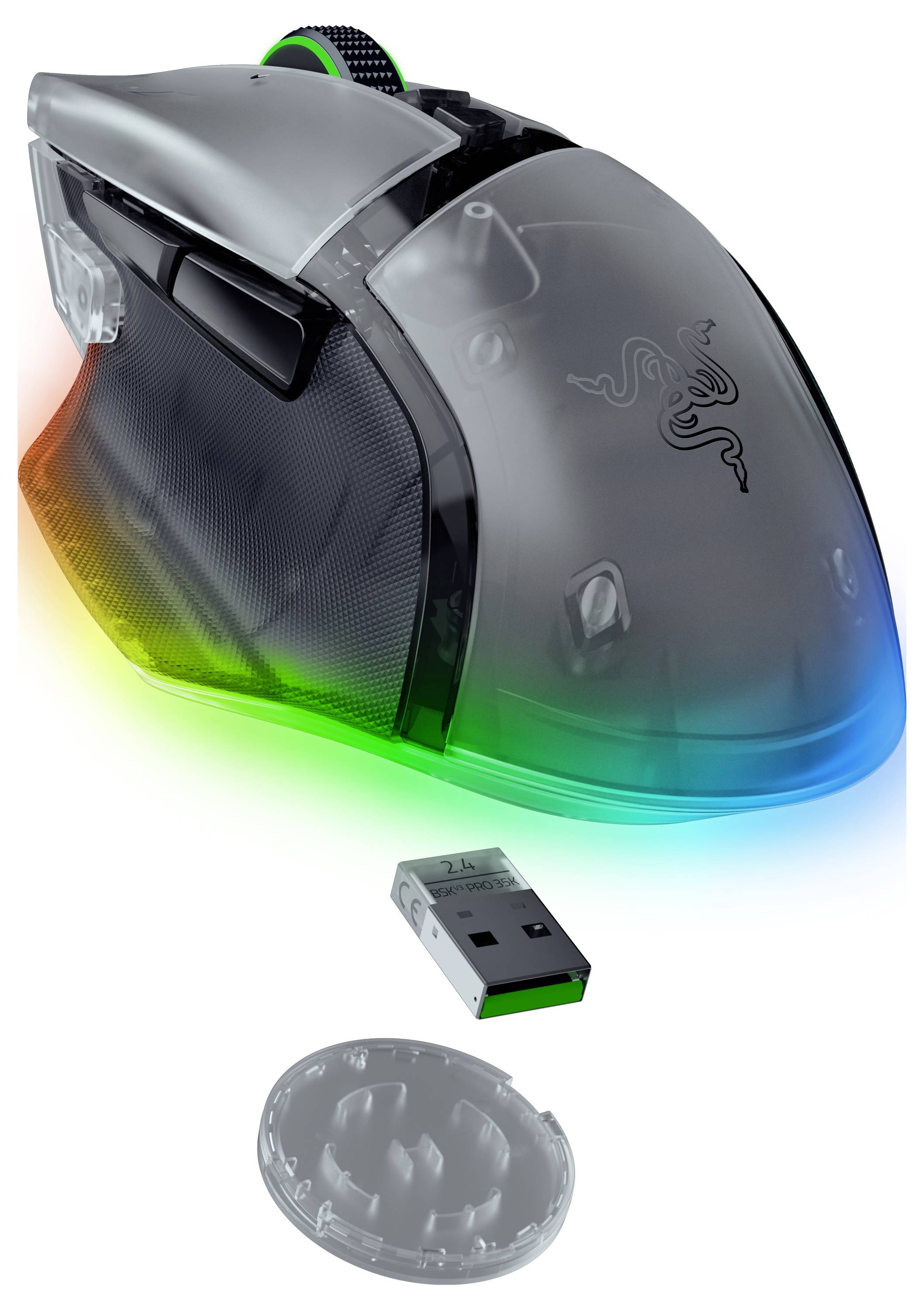 Kabellose Gaming-Maus mit grauem Gehäuse und RGB-Beleuchtung, gezeigt mit enthaltenem USB-Dongle und Ladestation.