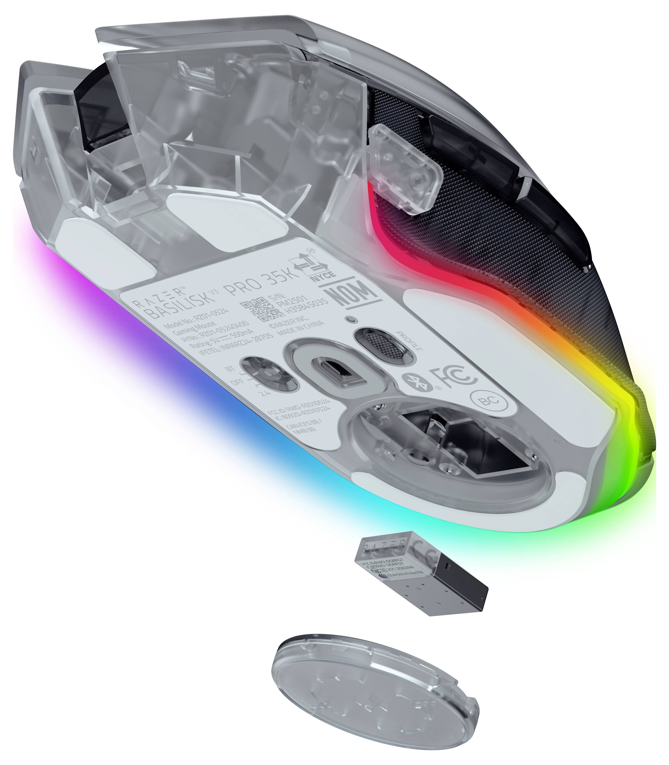Explosionszeichnung einer kabellose Gaming-Maus mit transparenter Schale, mehrfarbiger RGB-Kantenbeleuchtung, inneren Komponenten und abnehmbarem Boden.